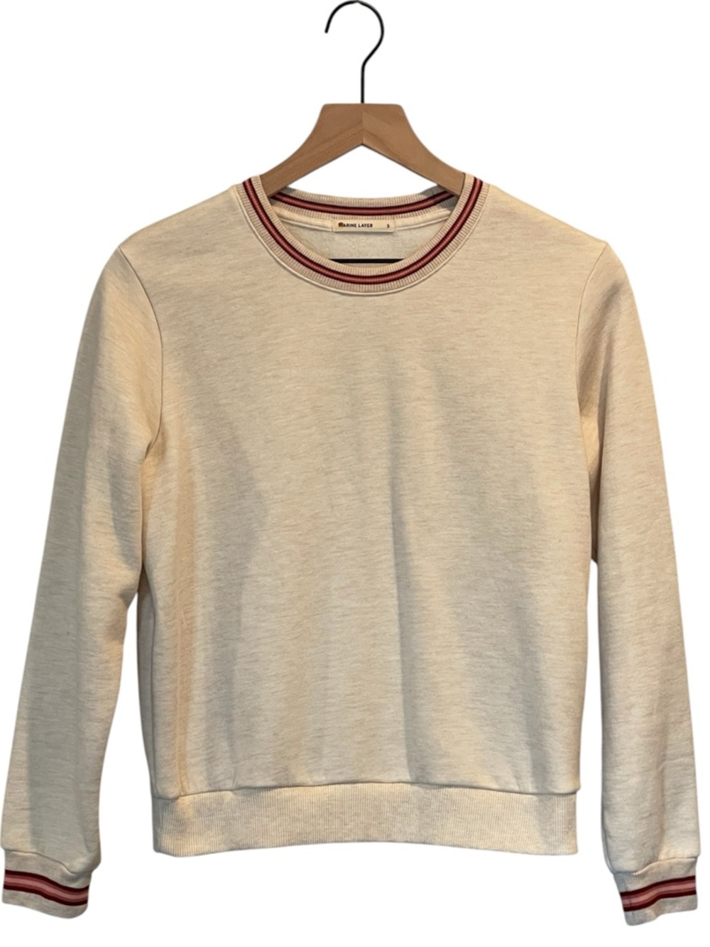 Marine Layer Oatmeal Crewneck Ringer Sweatshirt, Burgundy/Pink Trim, Pullover, S - Picture 2 of 15